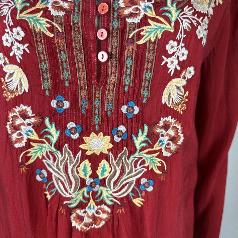Johnny Was Scoop Neck Long Sleeve Floral Embroidered Tunic Top Shirt Size S Red - Picture 2 of 11